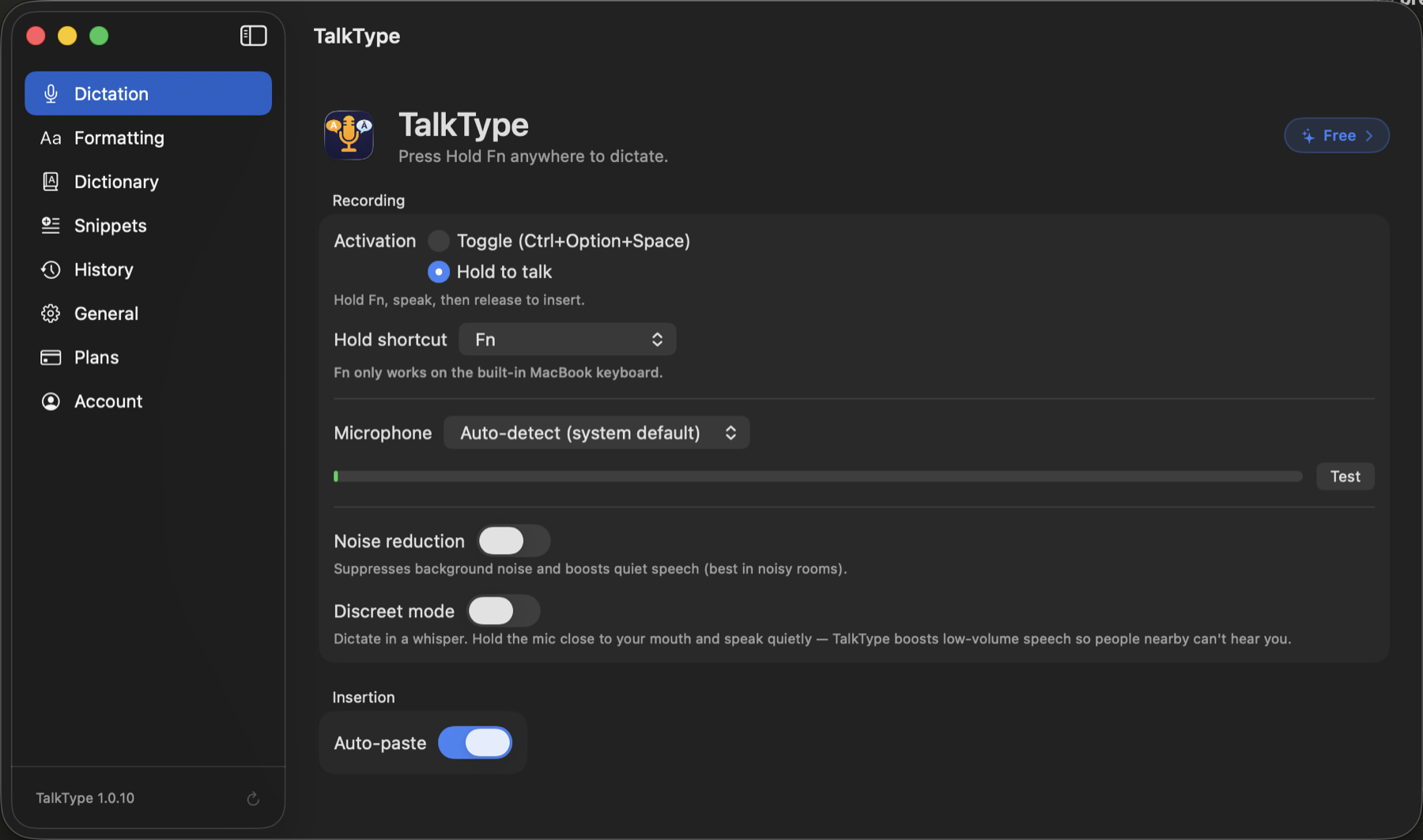 TalkType running as a voice typing app on a Mac
